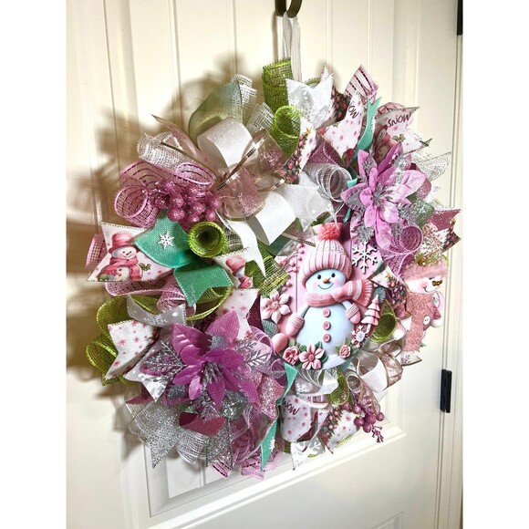 Handmade Pink Winter Snowman Holiday Ribbon Door Wreath 22 ins W81 - Picture 3 of 11
